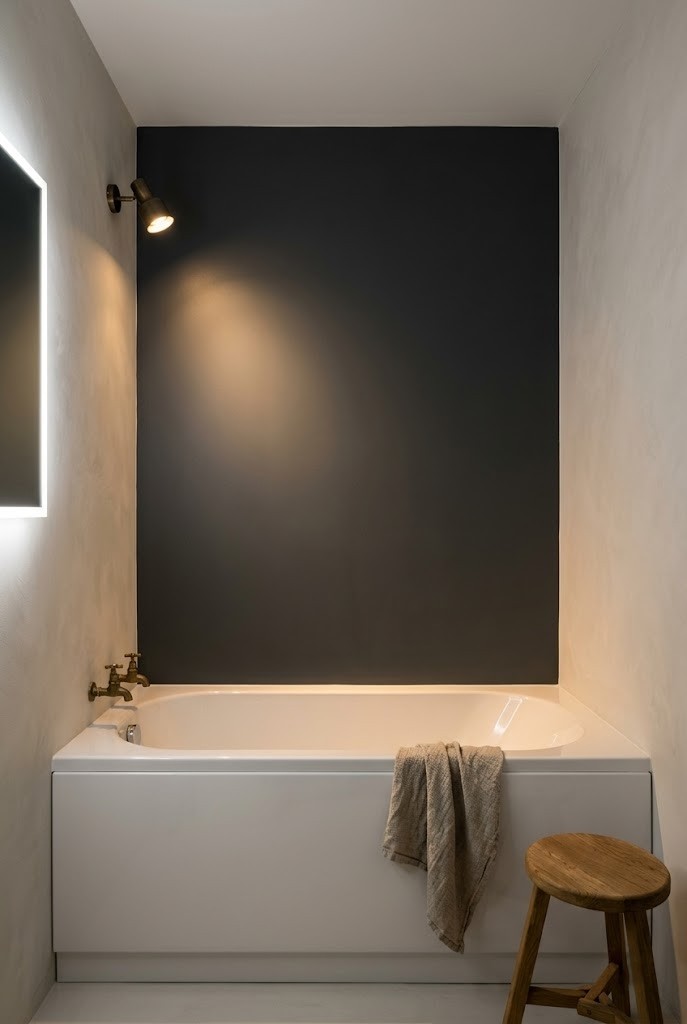 Charcoal accent wall behind a white alcove tub in a moody small bathroom
