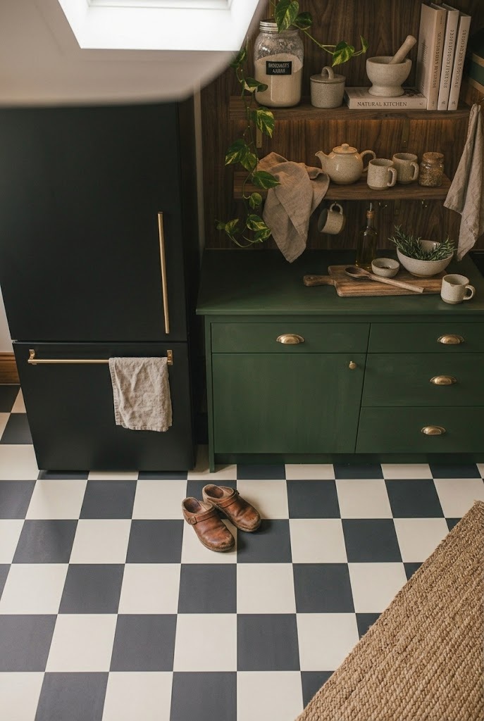 Dark cottagecore kitchen floor in charcoal-and-bone checkerboard peel-and-stick tile