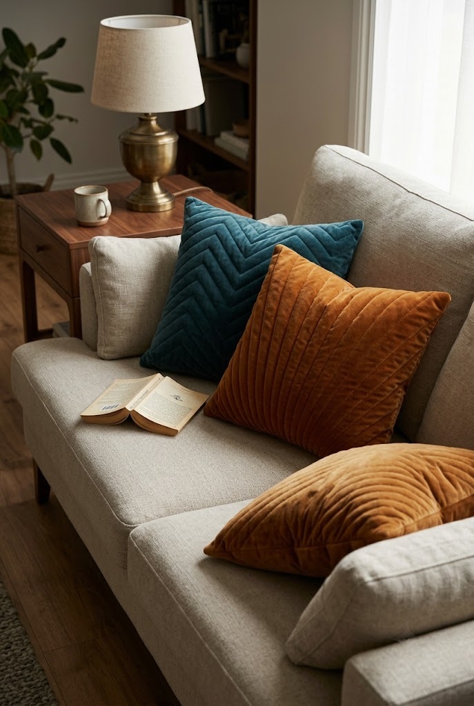 Teal and amber velvet cushions with chevron quilting on an oatmeal sofa