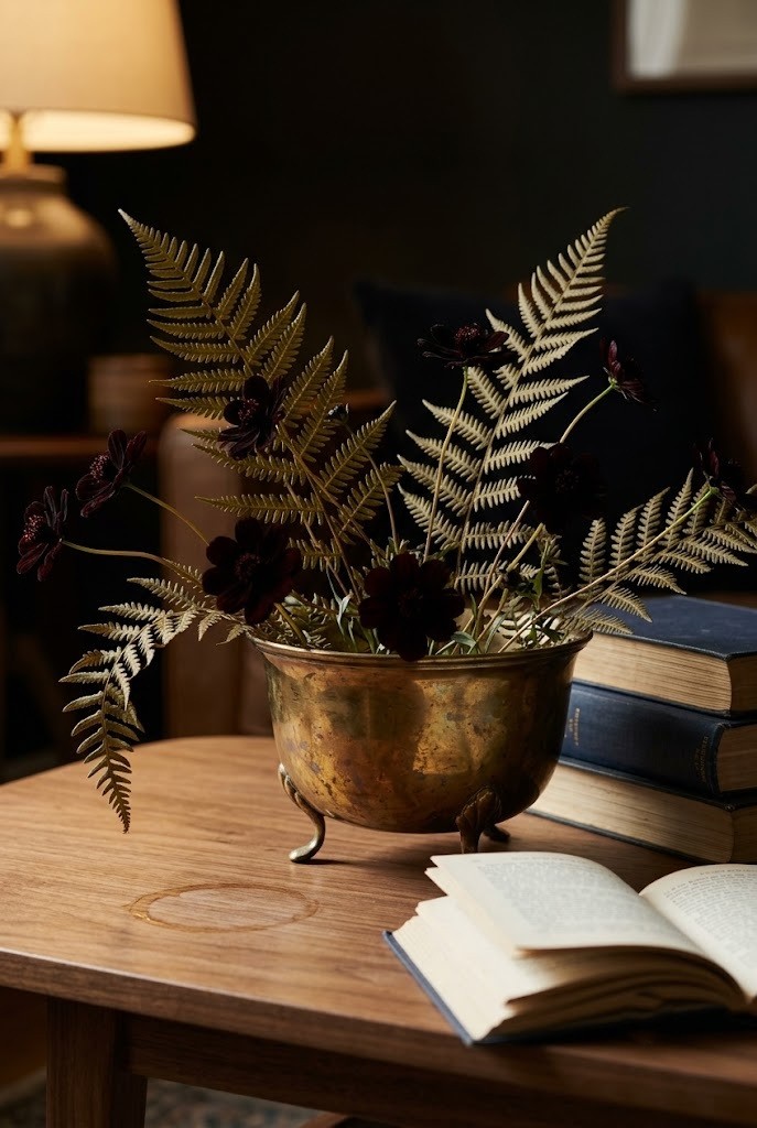 Chocolate cosmos and dried fern in a footed brass bowl on a coffee table