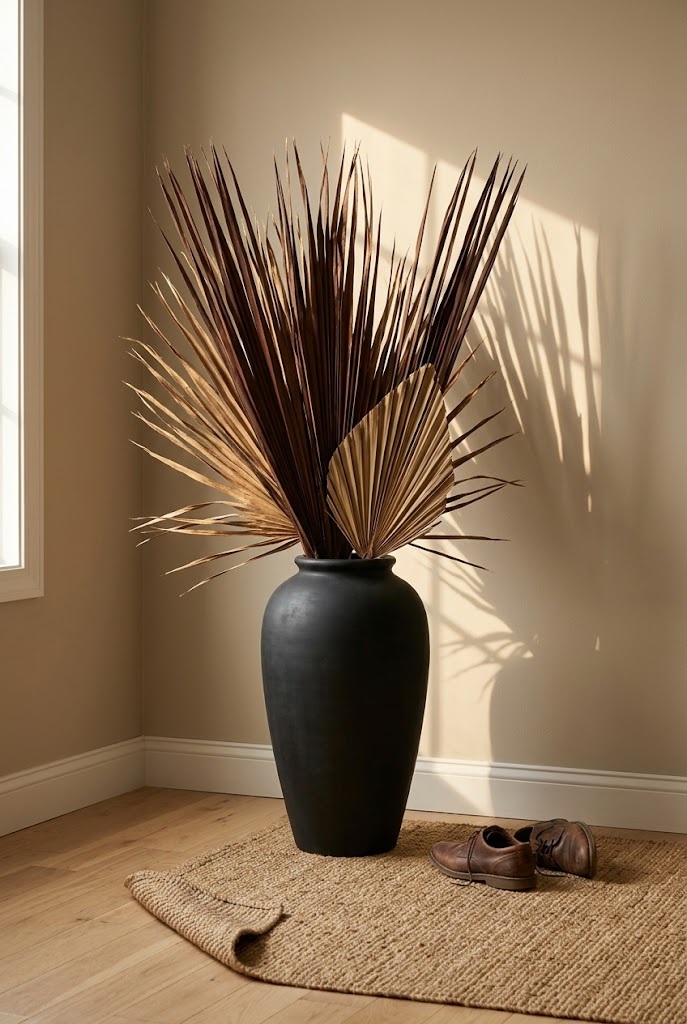Chocolate palm spears in a matte black floor vase, a dried fall arrangement with no orange