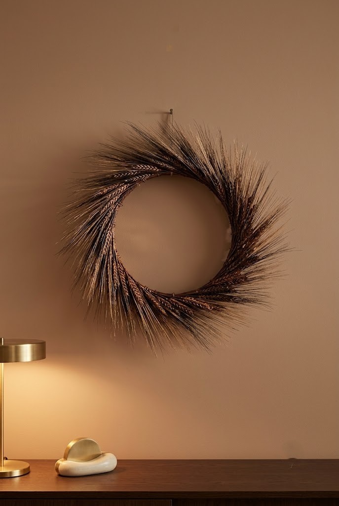 Narrow chocolate wheat and black barley wreath ring on a warm painted interior wall