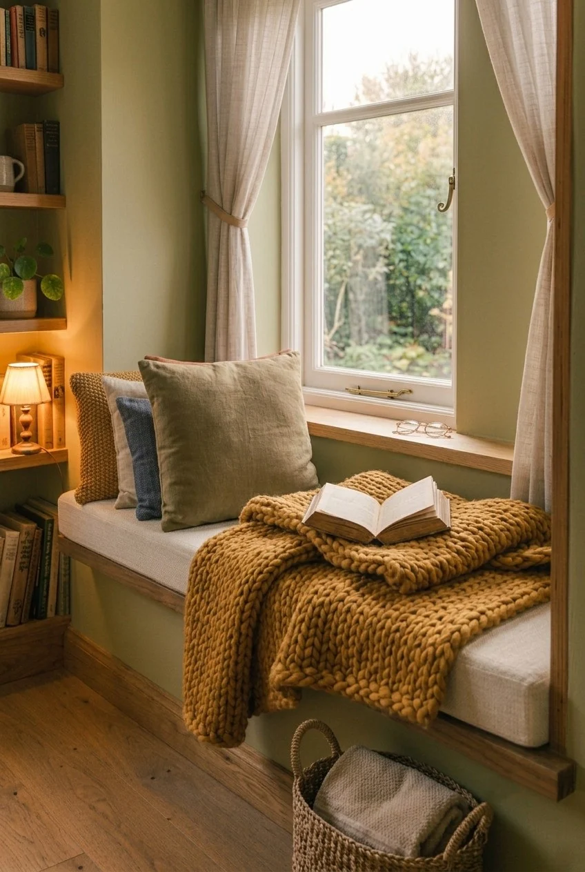 Heavy chunky knit throw folded over one end of a cozy fall window seat