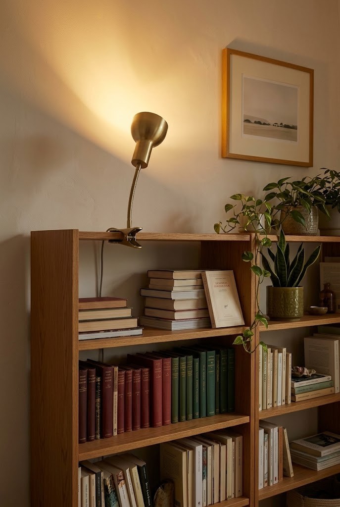 Clamp lamp on a bookshelf edge lighting a living room wall