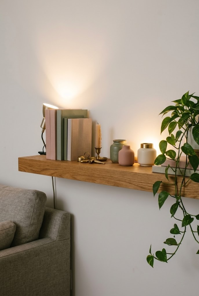 Clamp lights styled on a floating shelf for layered living room light