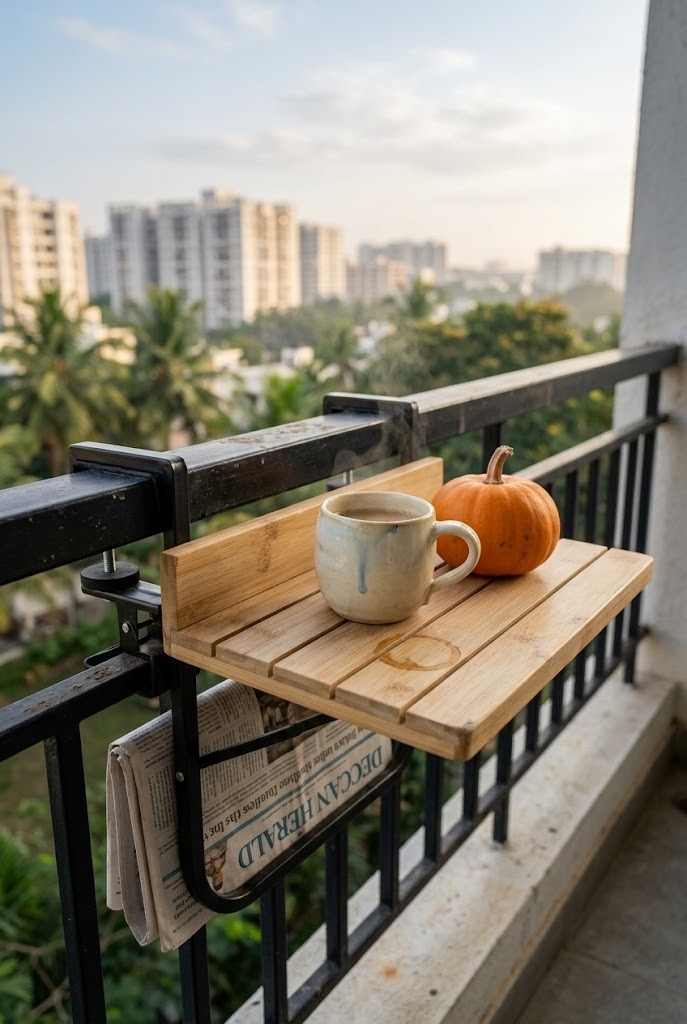 Clamp-on folding drink shelf on a balcony railing with a mug and mini pumpkin