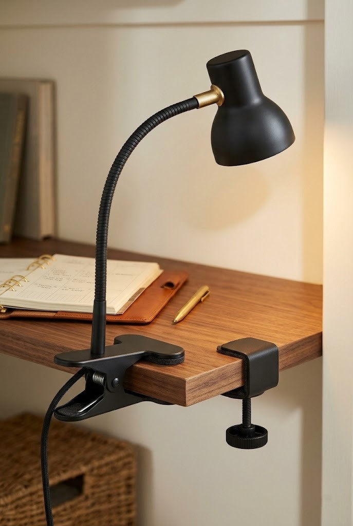 Clamp-on task lamp gripping a closet desk shelf edge