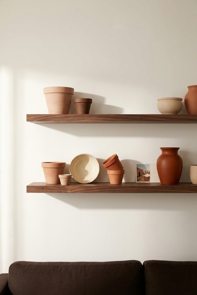 Clay and terracotta pottery displayed on floating walnut shelves above a dark couch