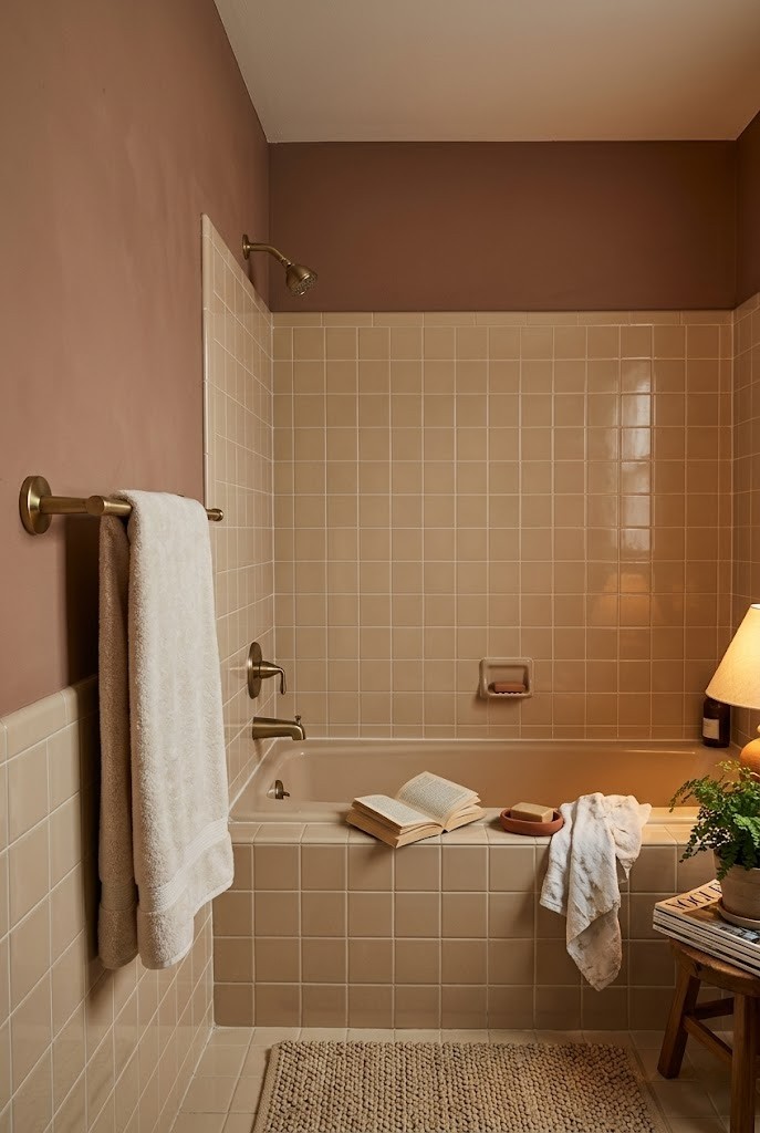 Muted clay walls above almond bathroom tile lit by warm evening light