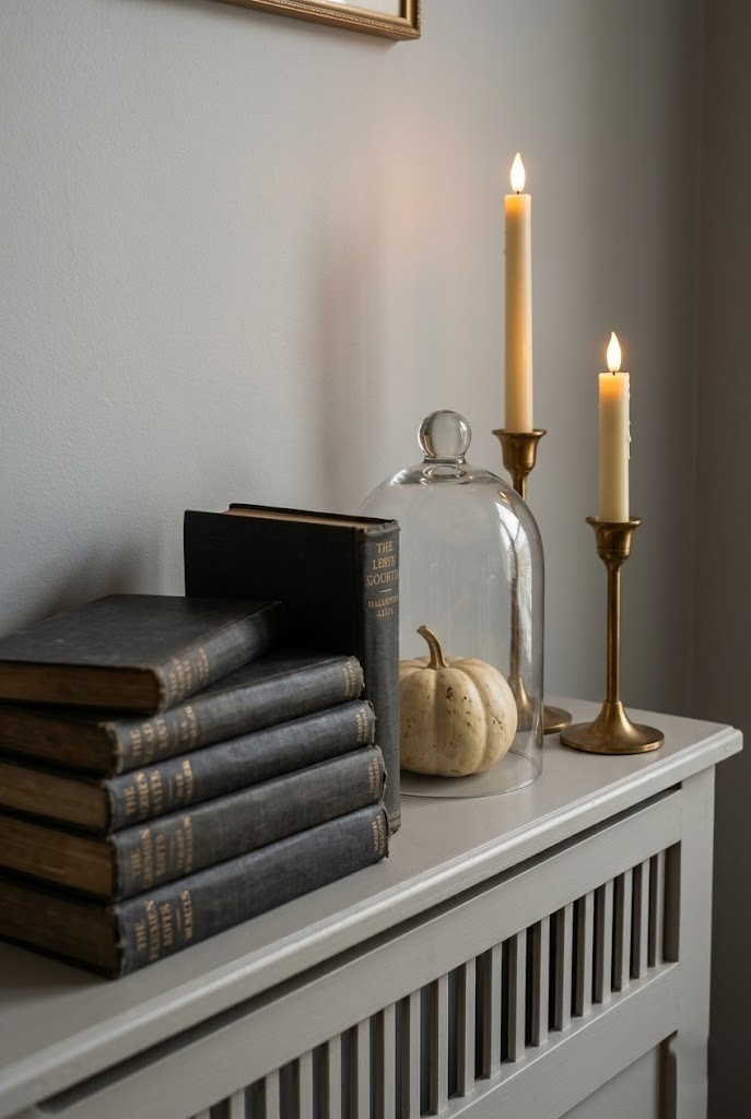 Cloche and battery taper candle vignette on a small apartment surface for a compact Halloween entryway