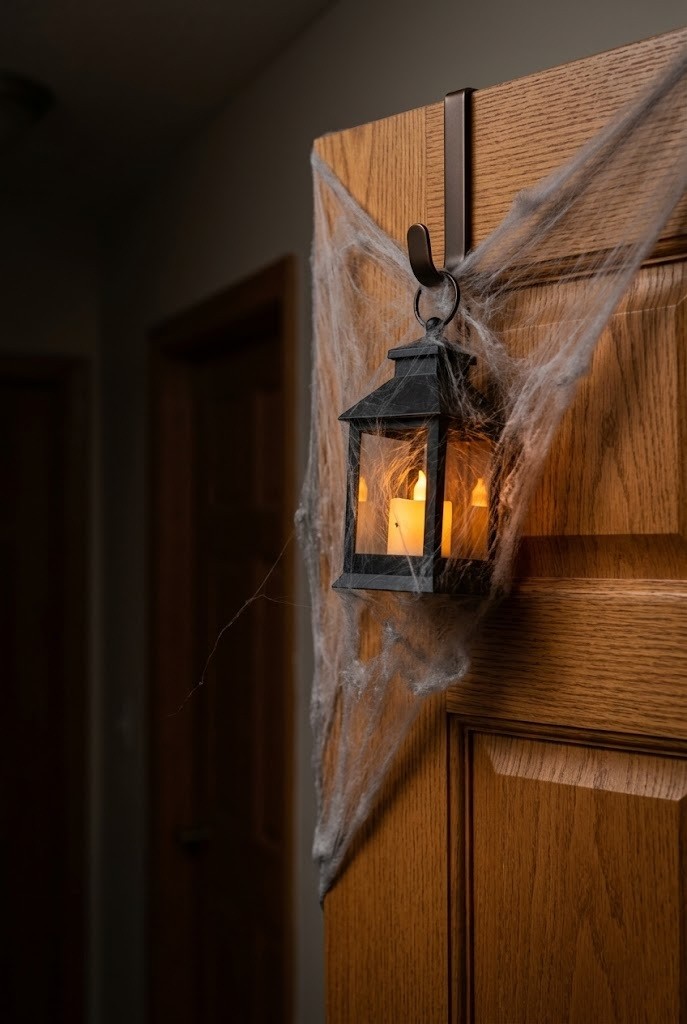 Sheer cobweb and flameless lantern hung from one over-door hook on an apartment door, no-drill Halloween decor