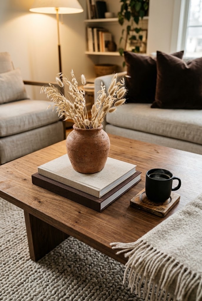 Coffee table styled with books, terracotta vessel and dried stems for fall