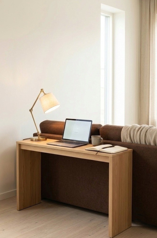 Slim console behind a brown sofa used as a compact desk in a small living room