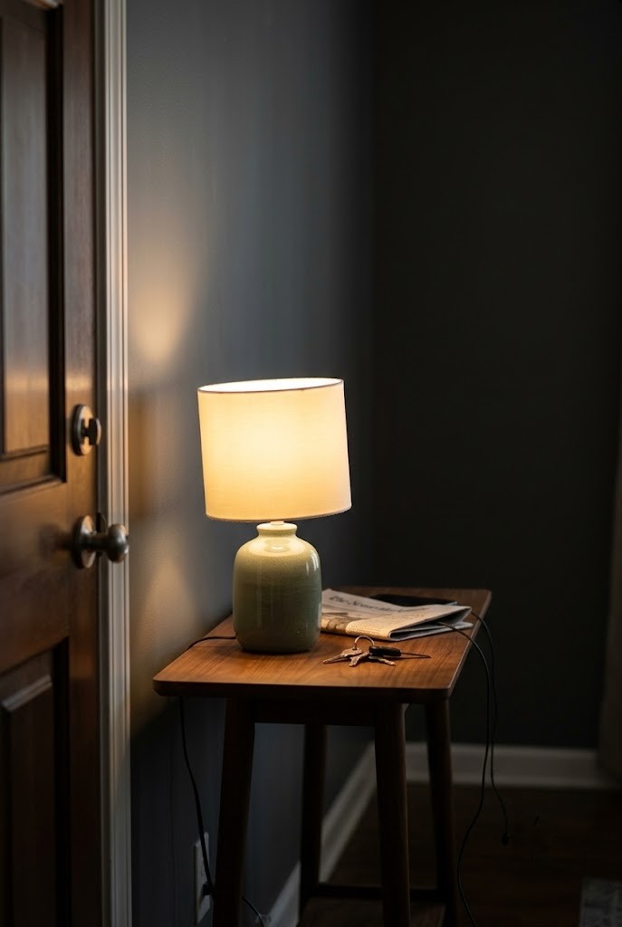 Compact table lamp lit on a narrow entry console beside the front door
