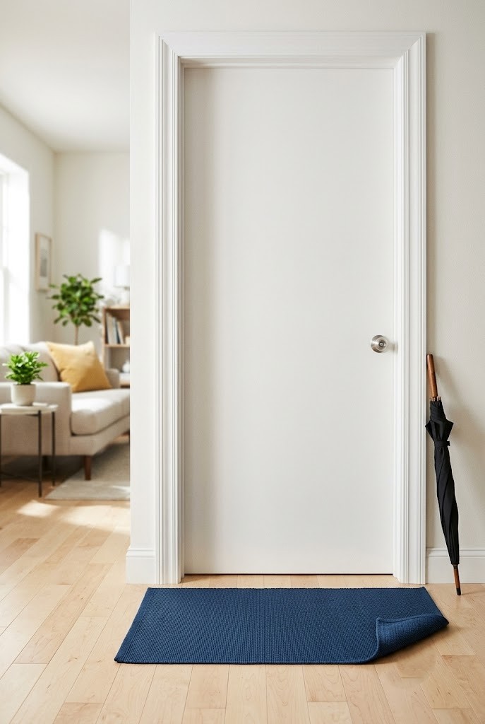 Contrasting flat-weave doormat used as the only entry marker in a living room