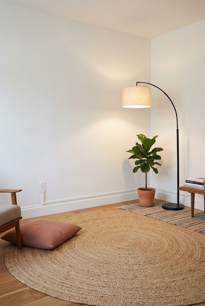 Floor lamp reaching an outlet-less corner with a cord run along the baseboard