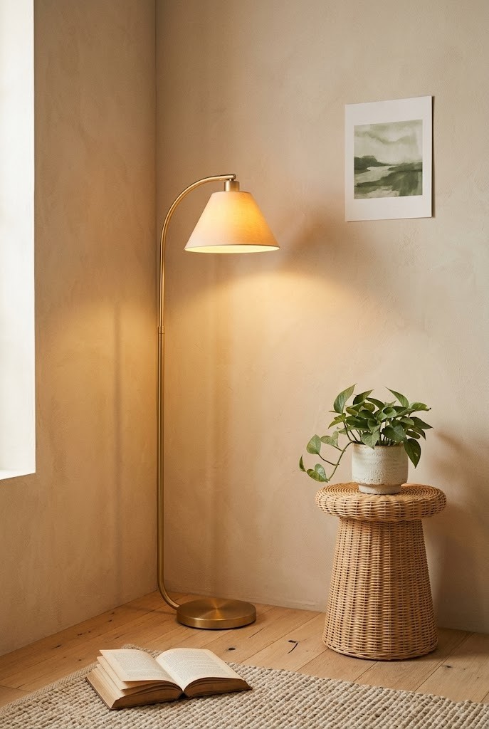 Living room corner with a floor lamp that is cordless in an outlet-free corner