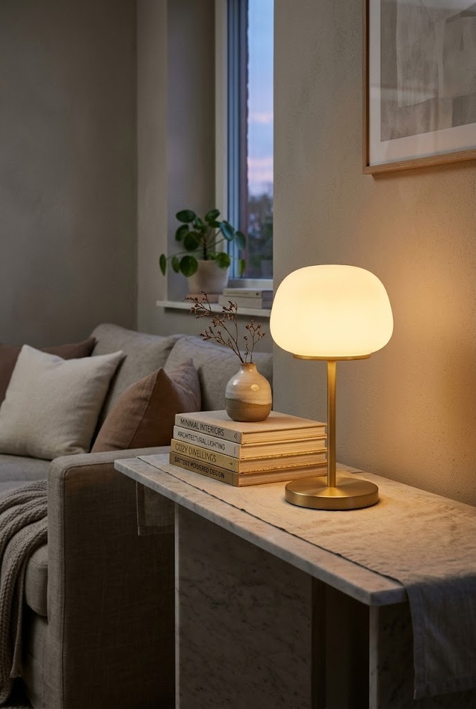 Cordless rechargeable table lamp lighting a spot with no outlet, no overhead light
