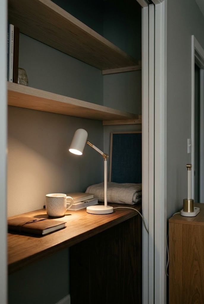 Cordless rechargeable lamp lighting a closet office without an outlet