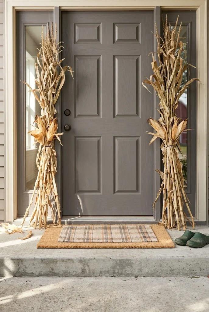 Corn stalk bundles tied to a front door frame on an uncovered concrete stoop