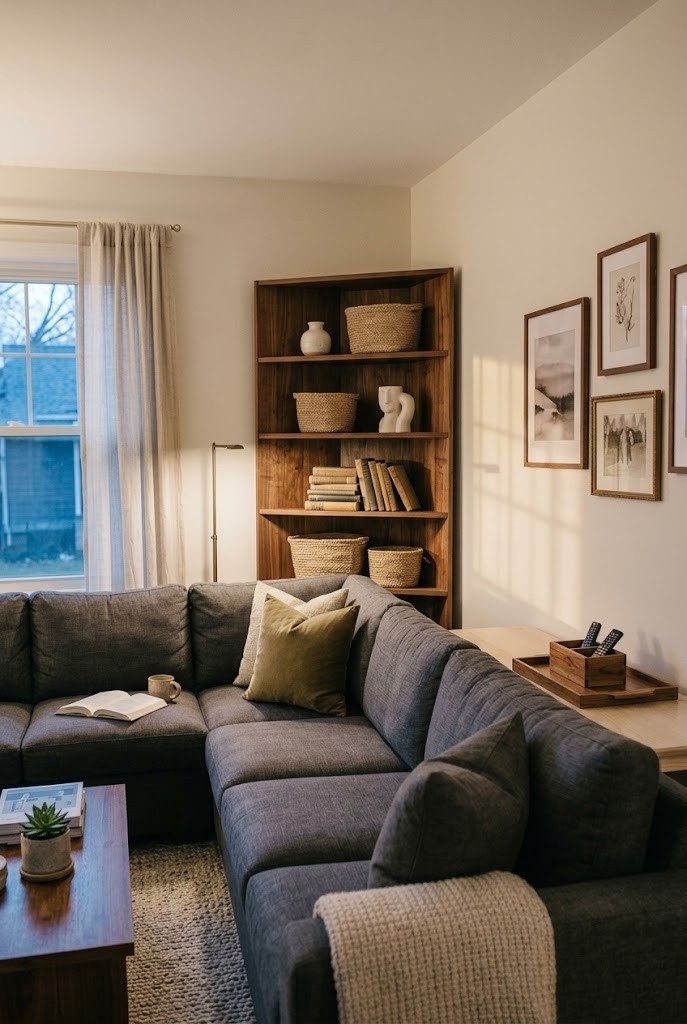 Corner shelving tower behind a sectional lit by a slim floor lamp