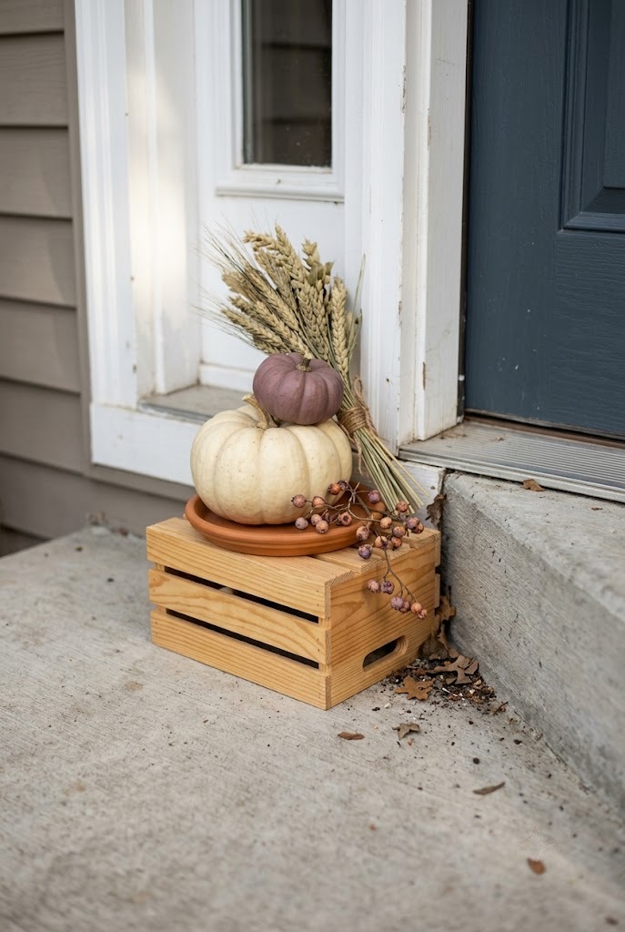 Small front porch fall decor stacked in the corner triangle beside a door frame