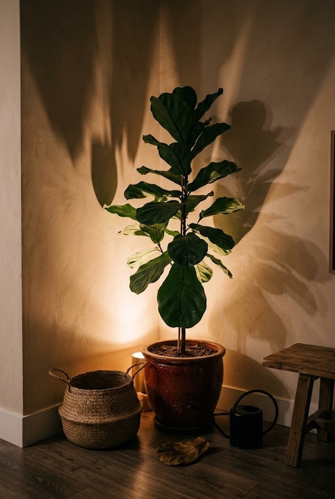 Hidden floor uplight washing light and plant shadows up a wall