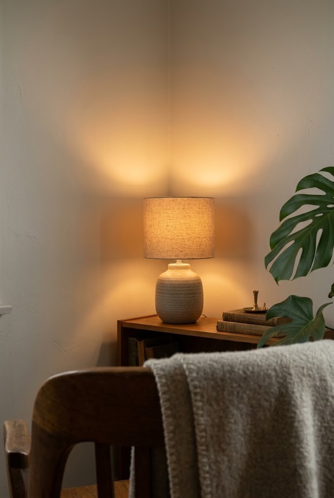 Small warm lamp glowing in the corner behind a desk chair, filling a dim office with soft light