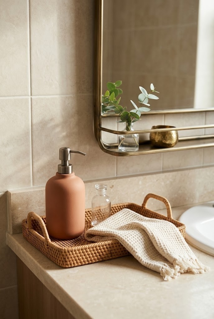 Clay soap dispenser and rattan tray styled on a beige bathroom vanity counter
