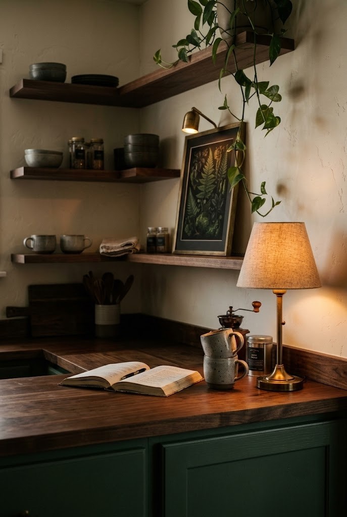 A small warm table lamp glowing on a moody cottage kitchen counter corner