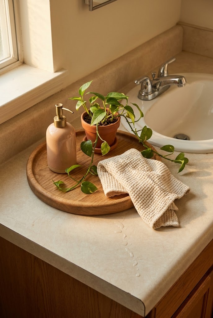 Wooden tray styled with soap dispenser and plant covering worn bathroom vanity laminate