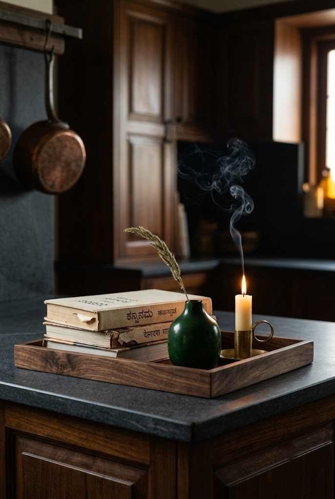 A moody countertop tray with a candle, cookbook and ceramic in a cottage kitchen