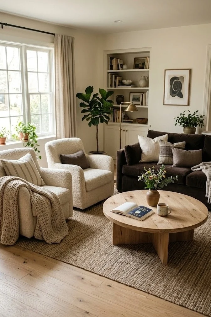 Cream boucle chairs facing a dark brown sofa living room across a round oak coffee table