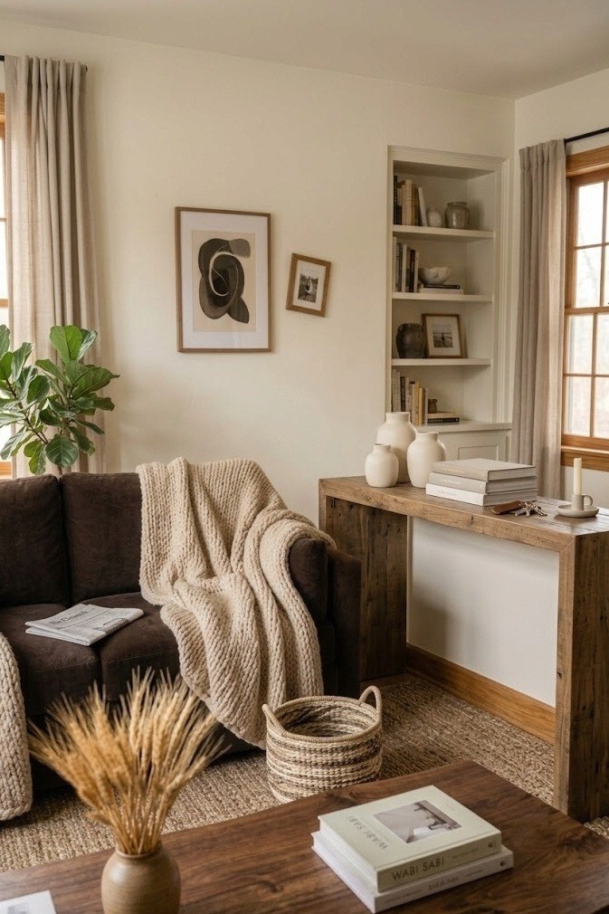 Three cream ceramic vases styled on a reclaimed wood console beside a brown couch
