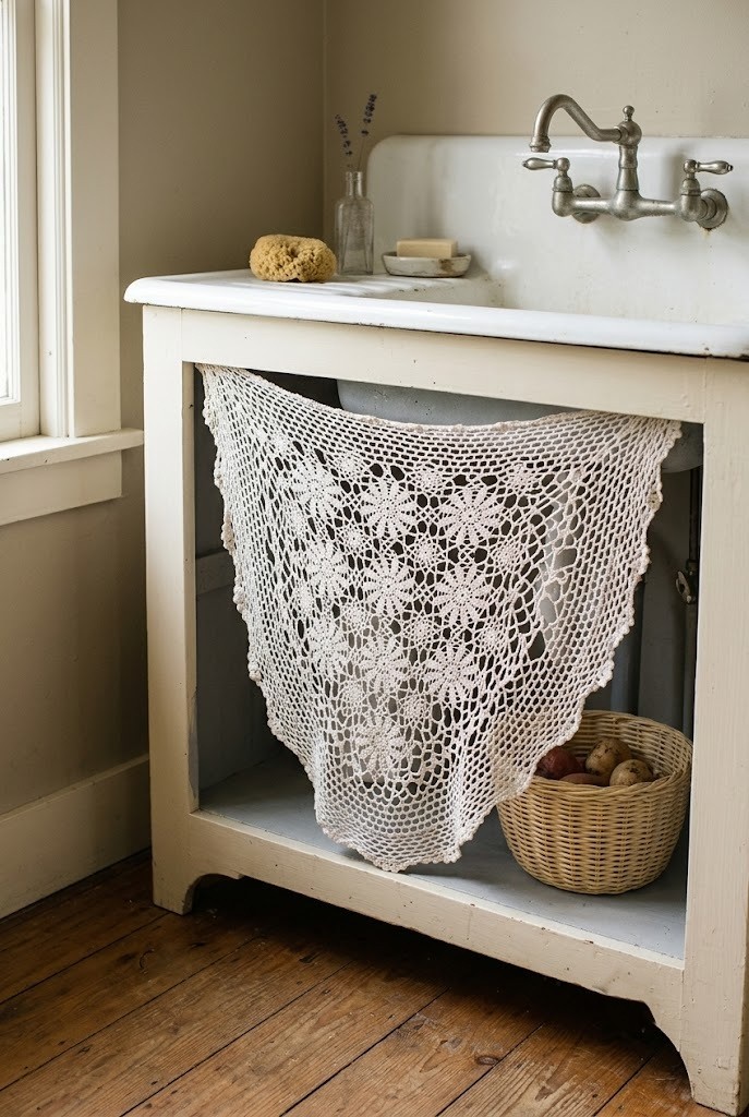 Vintage crochet tablecloth used as a kitchen sink skirt with lace shadows on the cabinet