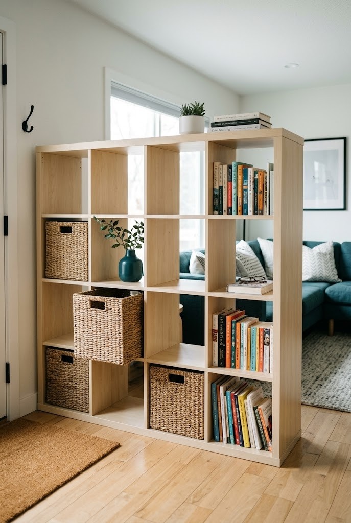Chest-height open cube shelf dividing a front door area from living room seating