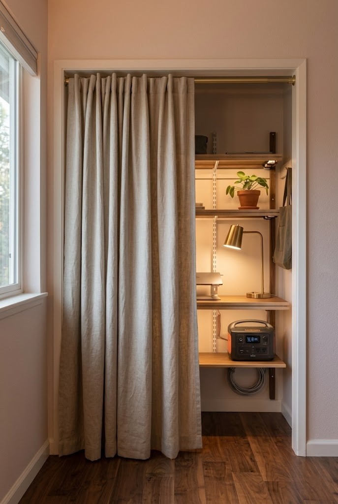 Linen curtain on a tension rod hiding a closet office, no door