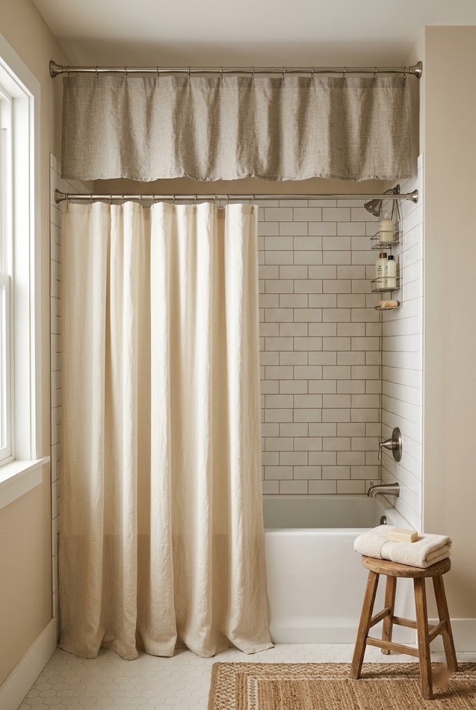 Fabric valance framing a rental tub shower combo curtain