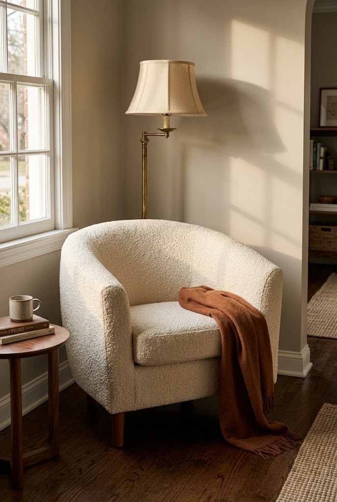 Curved barrel-back armchair in a cream boucle stretch cover beside a floor lamp