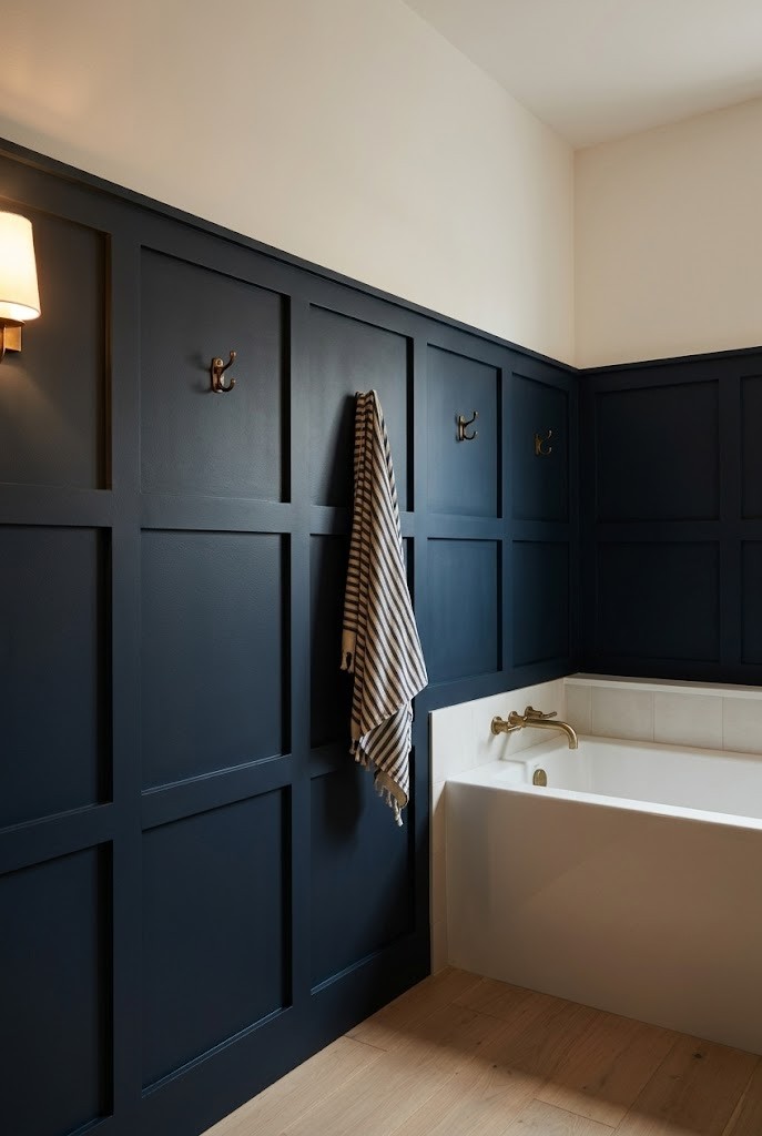 Dark board-and-batten to mid-height beside a white alcove tub