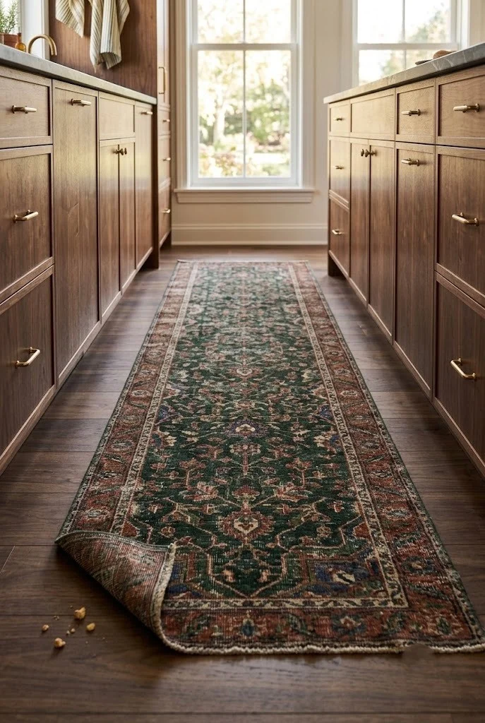 Dark botanical runner rug running down a narrow cottage galley kitchen floor