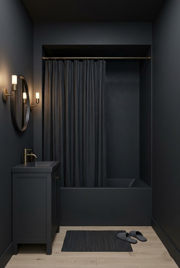 Dark drenched bathroom with a matching dark curtain hiding the alcove tub