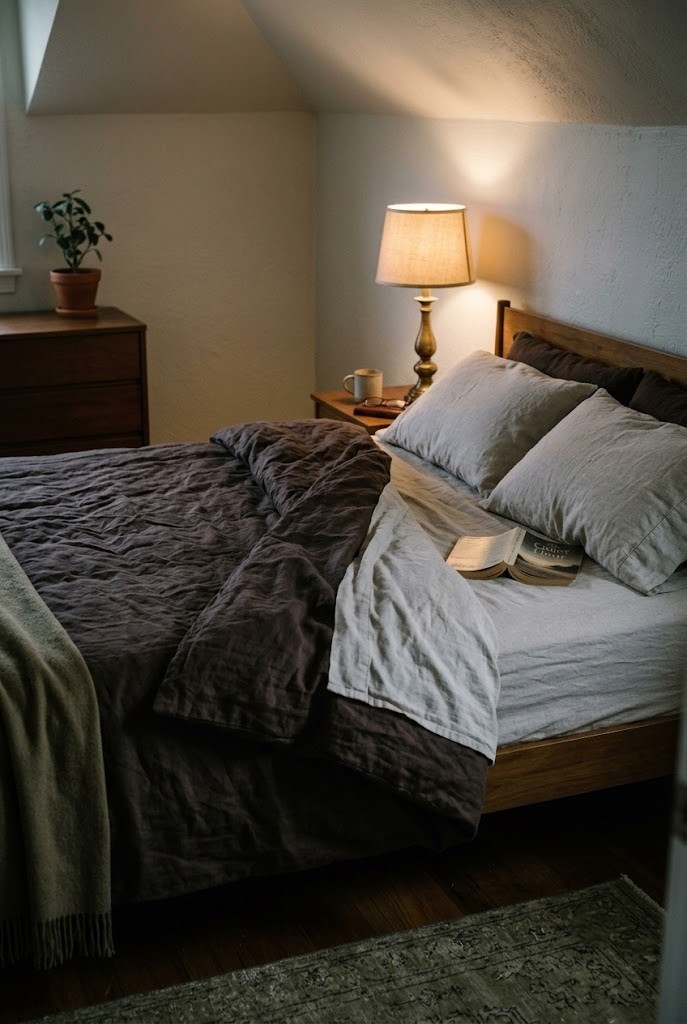 Deep espresso linen duvet over pale sheets in a moody rental bedroom