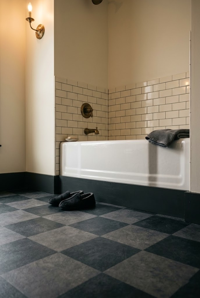 Dark floor and dark wall base grounding a white alcove tub