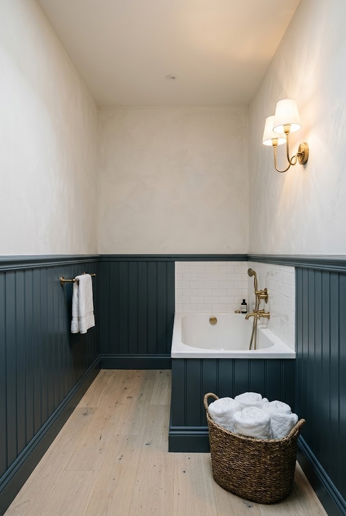 Dark half-height wainscot under pale walls in a small bathroom