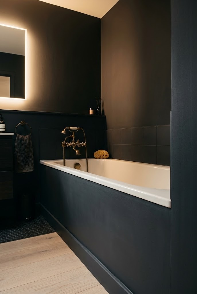 Dark-painted tub apron blending into a charcoal drenched small bathroom