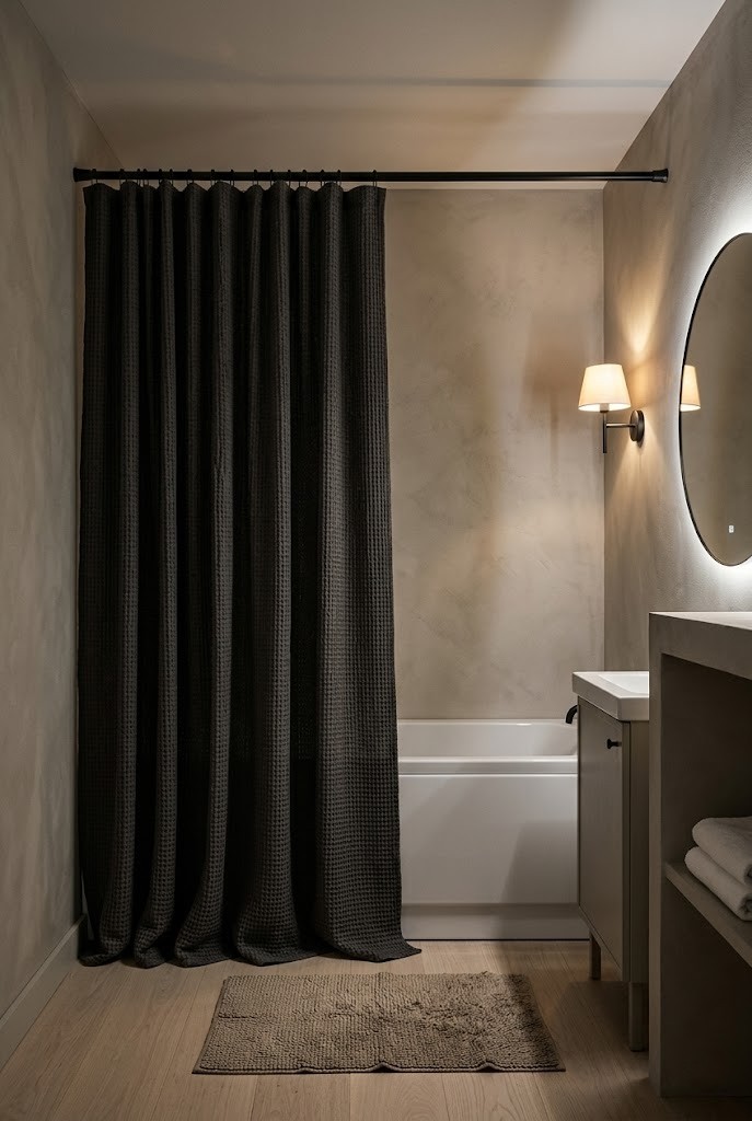 Floor-to-ceiling dark textured shower curtain over a white tub in a moody bathroom