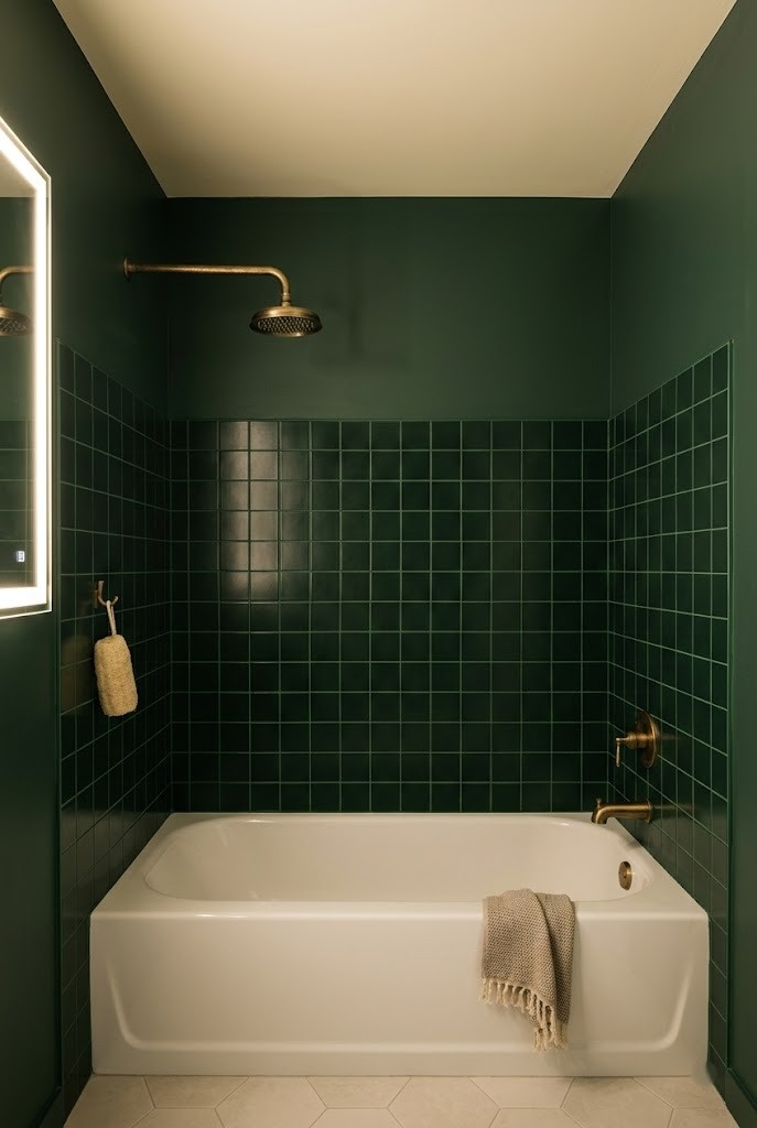 Dark tile below and matching dark paint above a white tub wall
