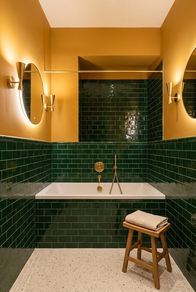 Dark tile wainscot ringing a small bathroom at one level line