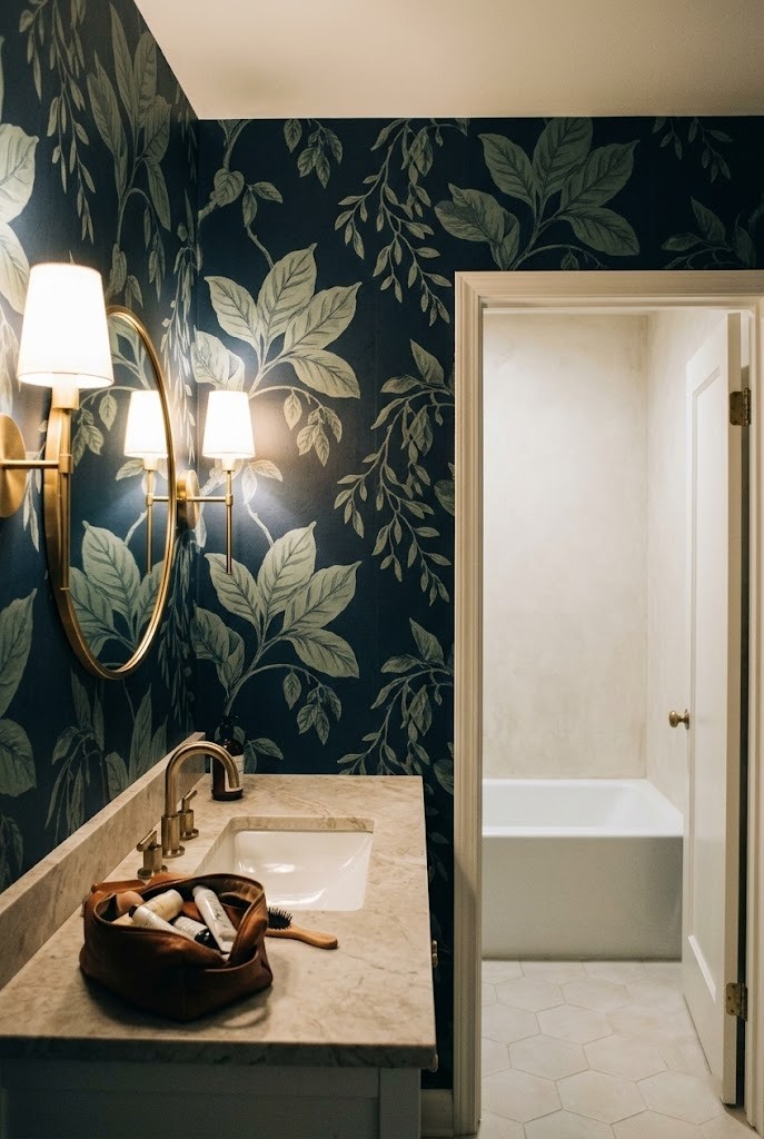 Dark large-scale wallpaper on a bathroom sink wall with a pale tub opposite
